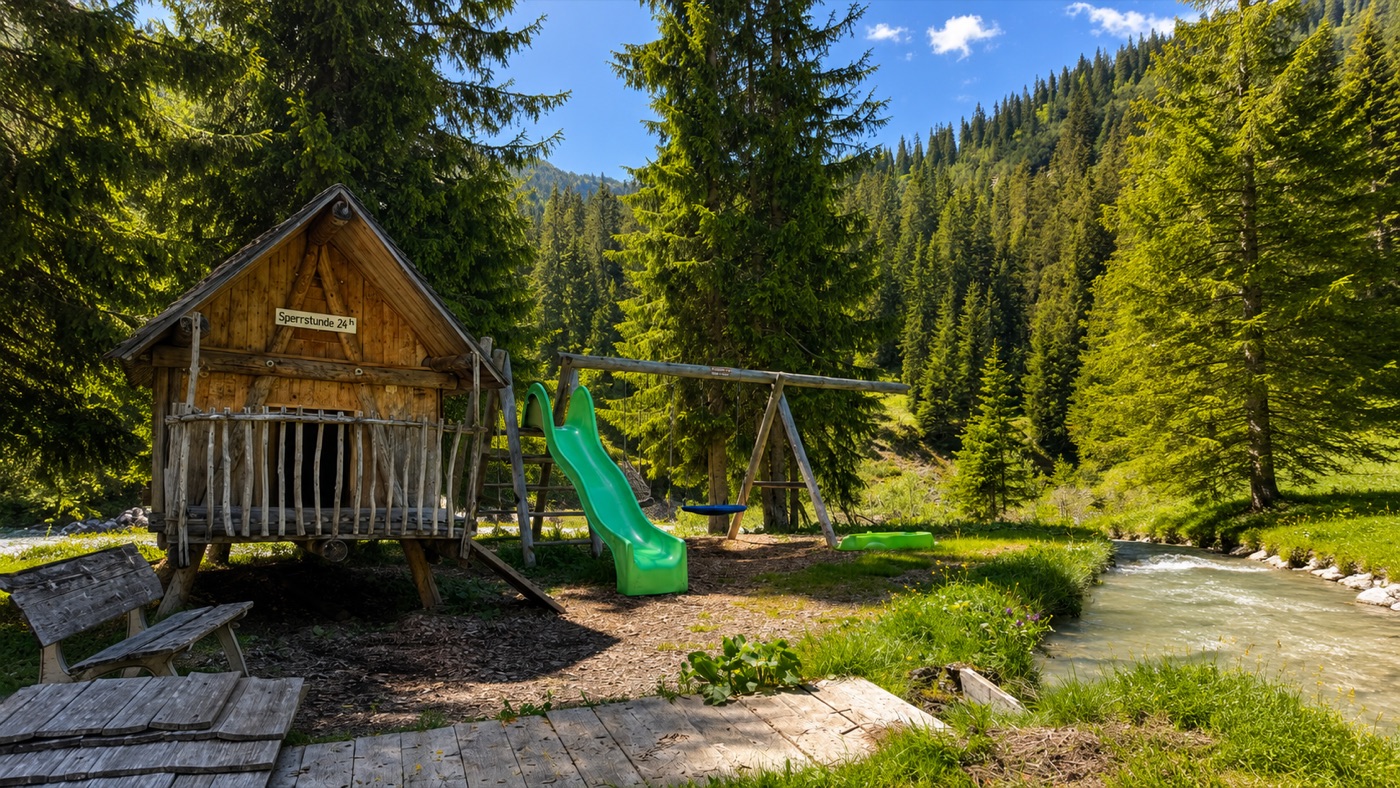 Kinderspielplatz am Fischteich mit Holzspielhaus, Rutsche und Schaukel am Bachlauf im Bergwald